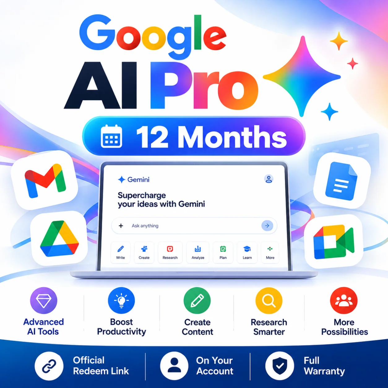 Google AI Pro 12 months subscription with Gemini AI tools and Google app integrations