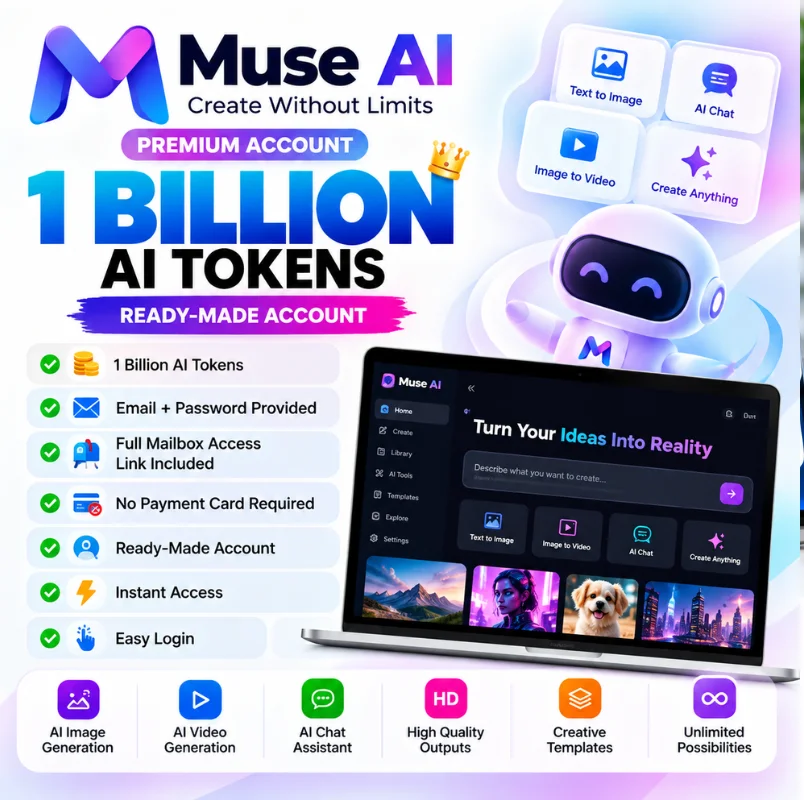 Muse AI Premium Account with 1 Billion AI Tokens, AI chat, image generation, and video creation tools